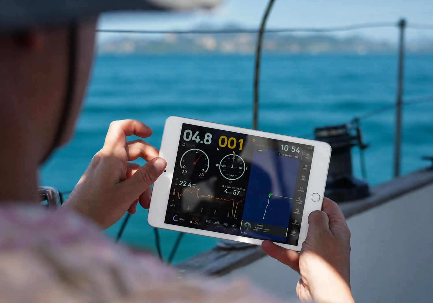 A sailor using a tablet navigation display aboard a boat